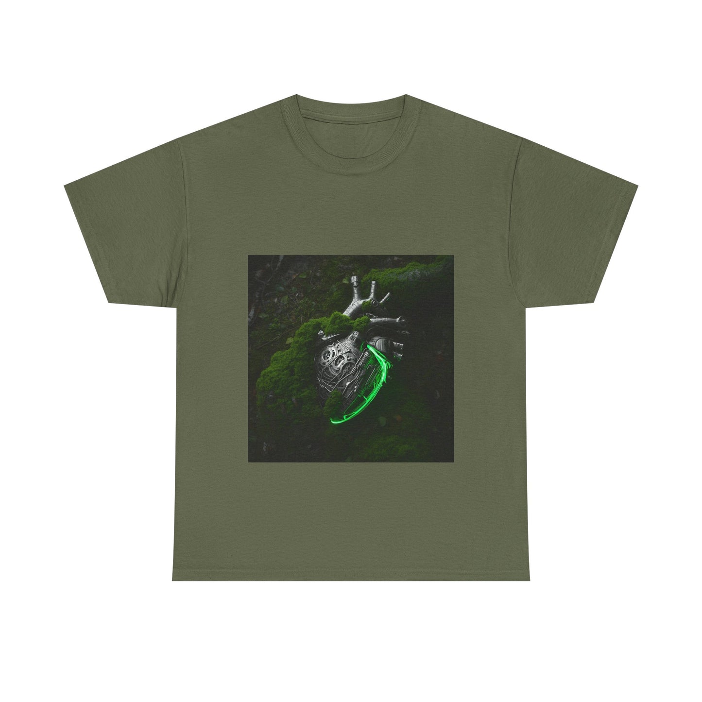 Unisex Glowing Bionic Heart in Moss T-Shirt | Sci-Fi Forest Wear