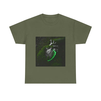 Unisex Glowing Bionic Heart in Moss T-Shirt | Sci-Fi Forest Wear