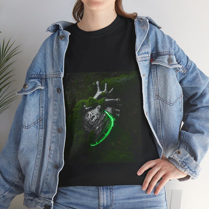 Unisex Glowing Bionic Heart in Moss T-Shirt | Sci-Fi Forest Wear