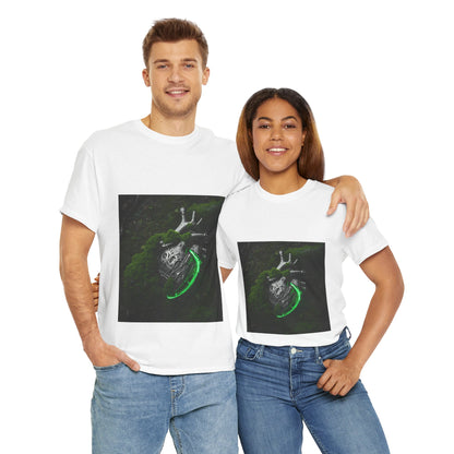 Unisex Glowing Bionic Heart in Moss T-Shirt | Sci-Fi Forest Wear
