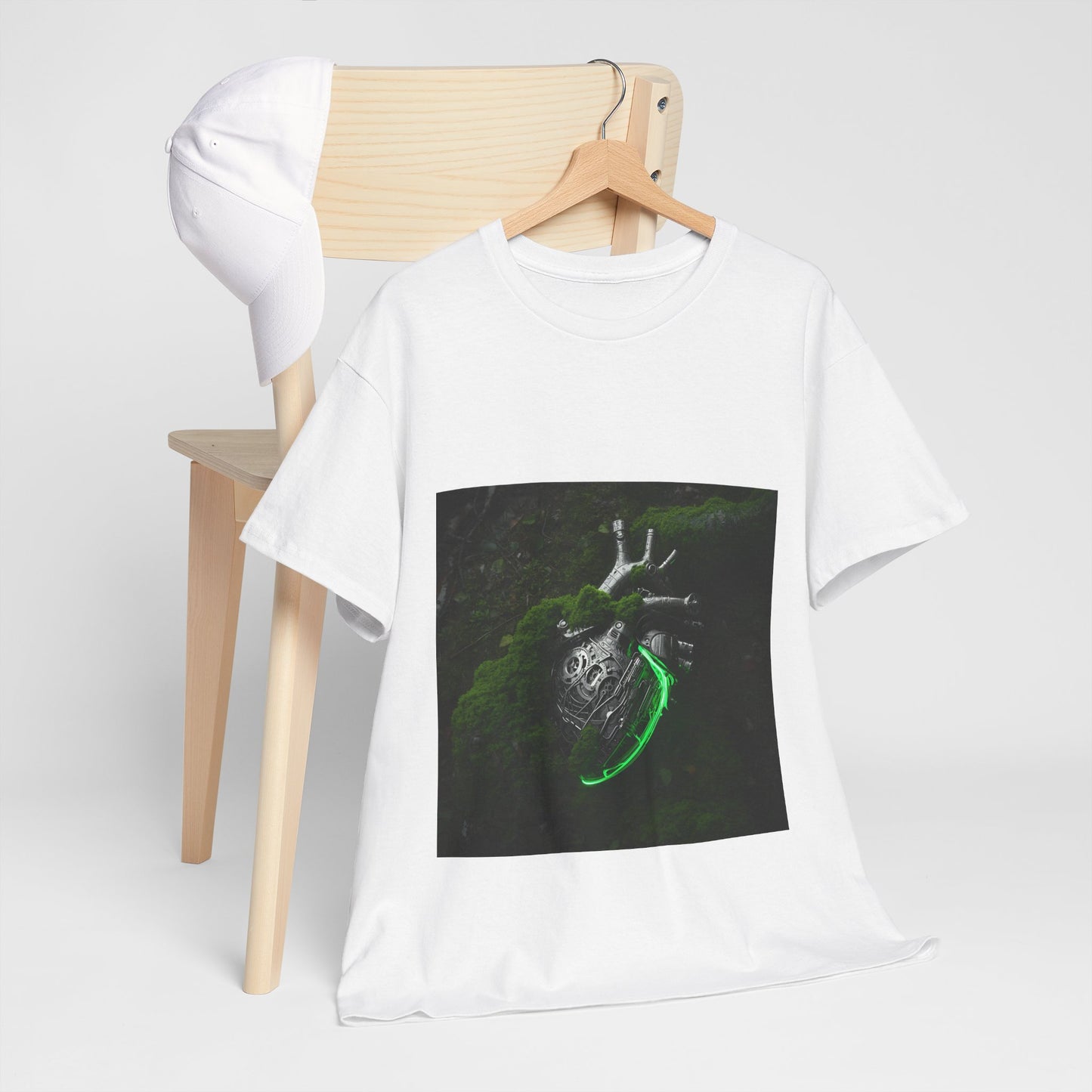 Unisex Glowing Bionic Heart in Moss T-Shirt | Sci-Fi Forest Wear