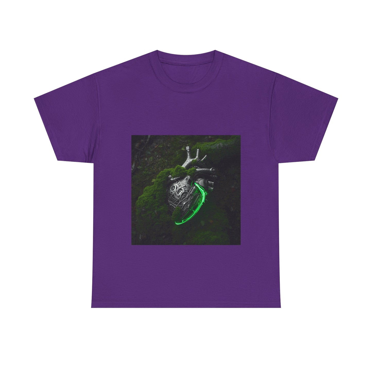 Unisex Glowing Bionic Heart in Moss T-Shirt | Sci-Fi Forest Wear