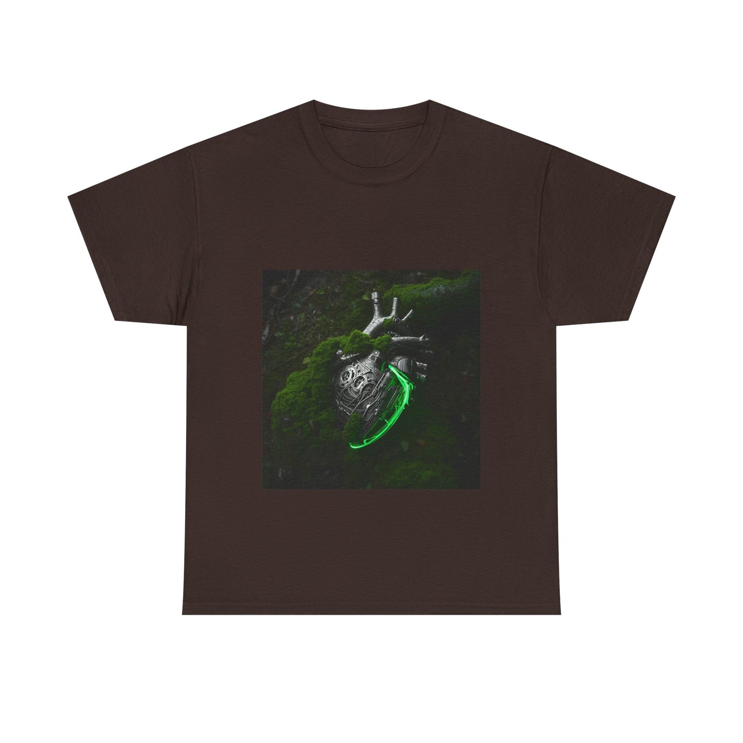 Unisex Glowing Bionic Heart in Moss T-Shirt | Sci-Fi Forest Wear