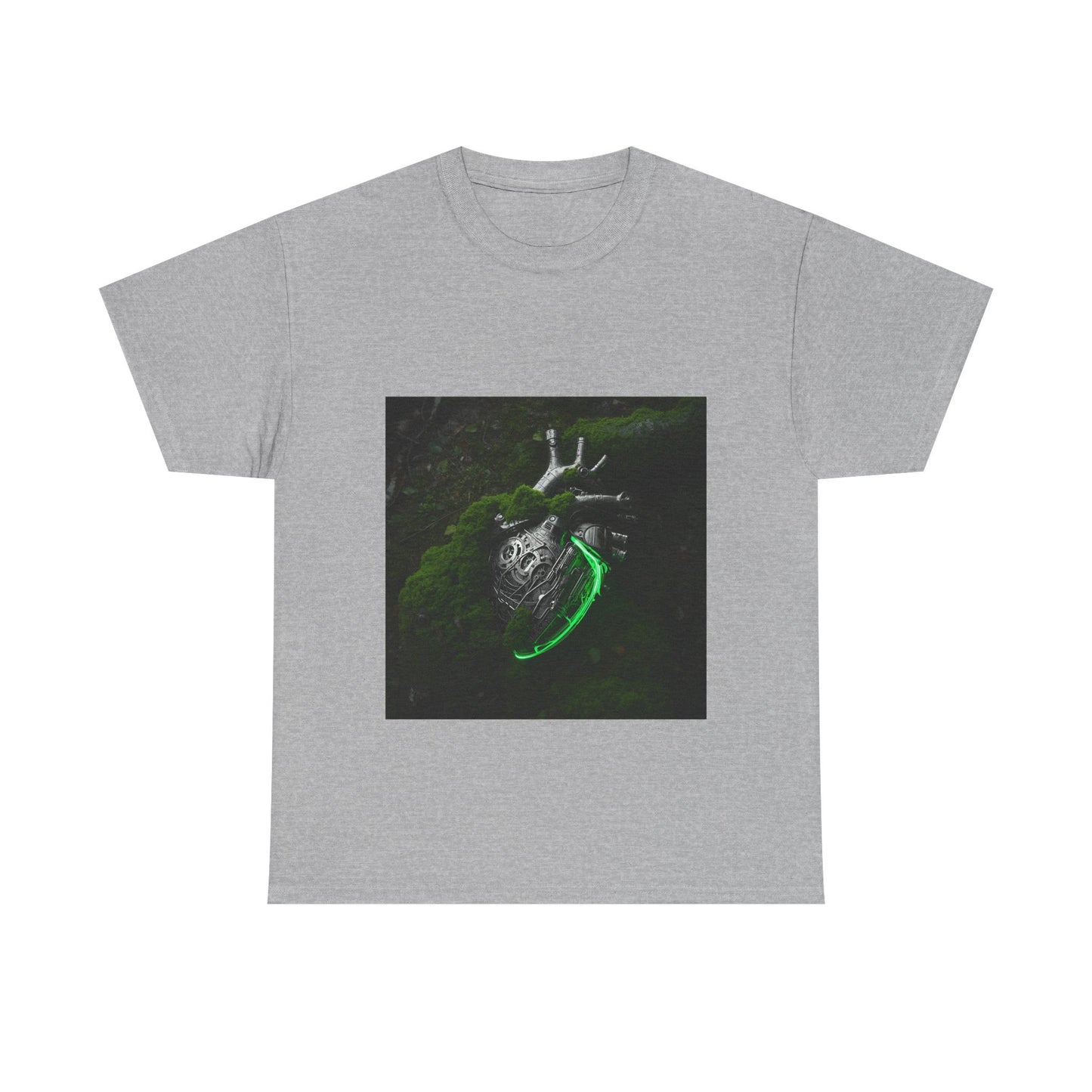 Unisex Glowing Bionic Heart in Moss T-Shirt | Sci-Fi Forest Wear