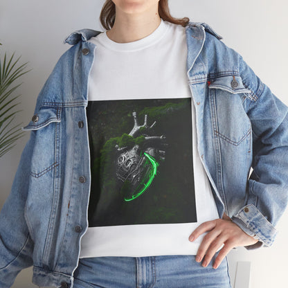 Unisex Glowing Bionic Heart in Moss T-Shirt | Sci-Fi Forest Wear