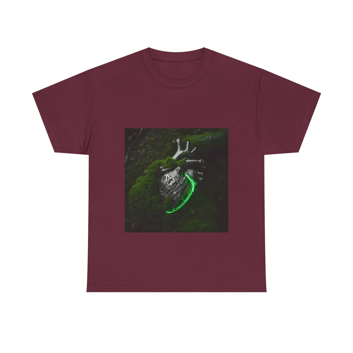 Unisex Glowing Bionic Heart in Moss T-Shirt | Sci-Fi Forest Wear