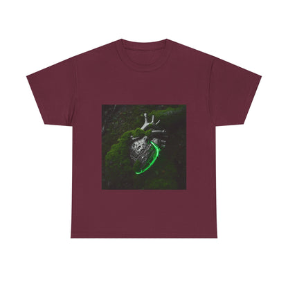 Unisex Glowing Bionic Heart in Moss T-Shirt | Sci-Fi Forest Wear