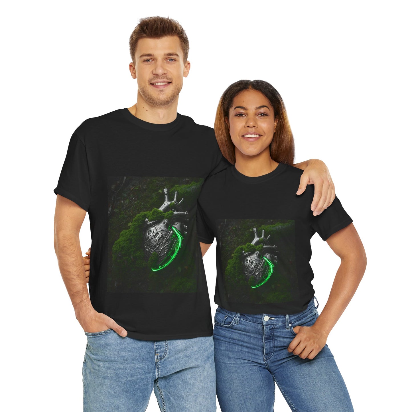 Unisex Glowing Bionic Heart in Moss T-Shirt | Sci-Fi Forest Wear