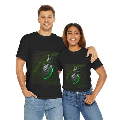 Unisex Glowing Bionic Heart in Moss T-Shirt | Sci-Fi Forest Wear