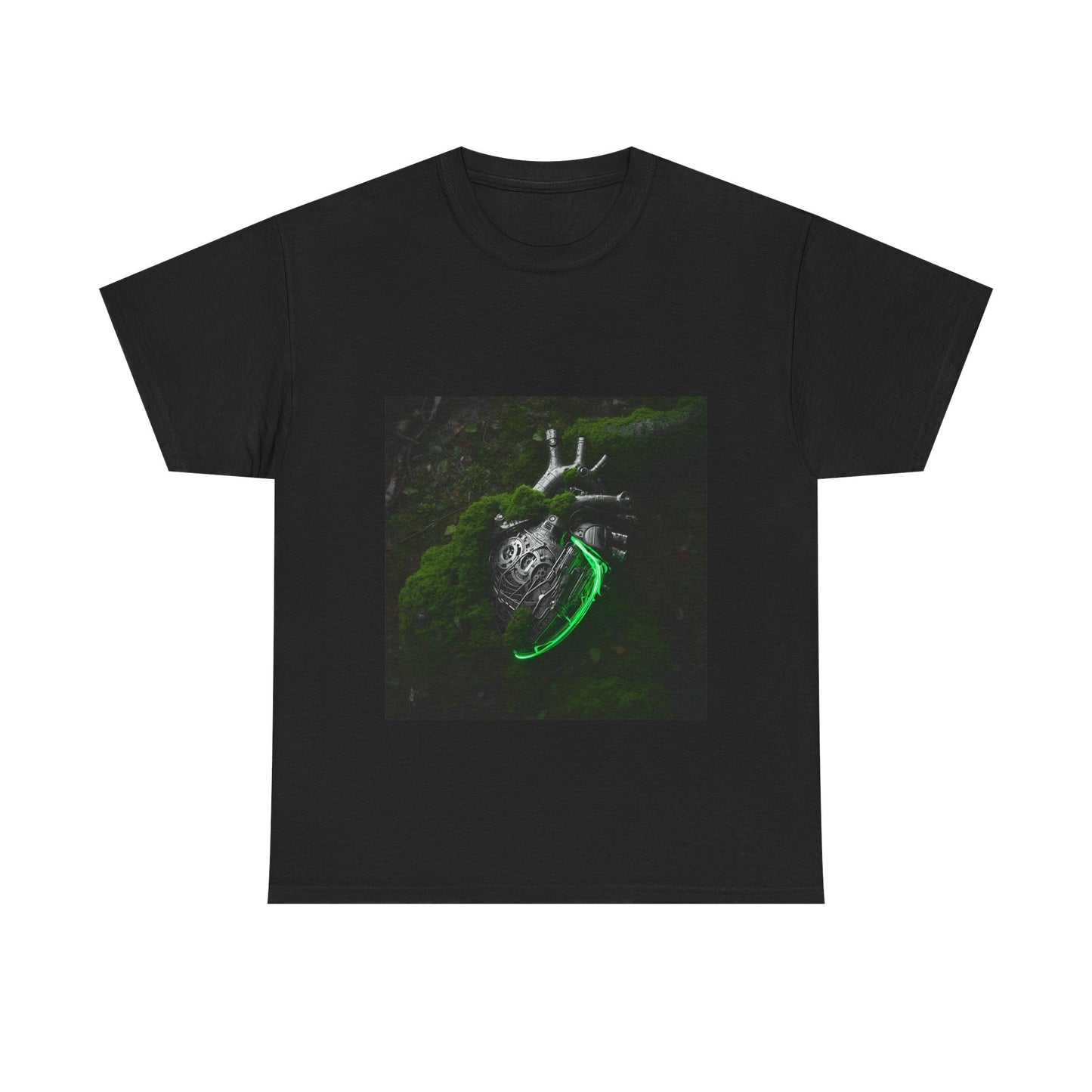 Unisex Glowing Bionic Heart in Moss T-Shirt | Sci-Fi Forest Wear
