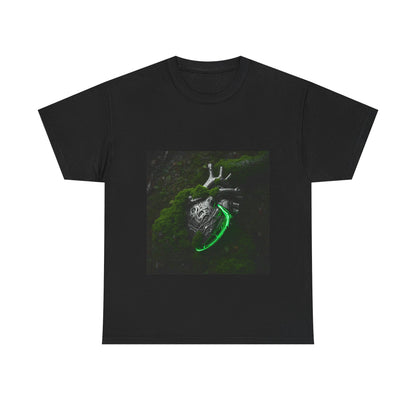 Unisex Glowing Bionic Heart in Moss T-Shirt | Sci-Fi Forest Wear
