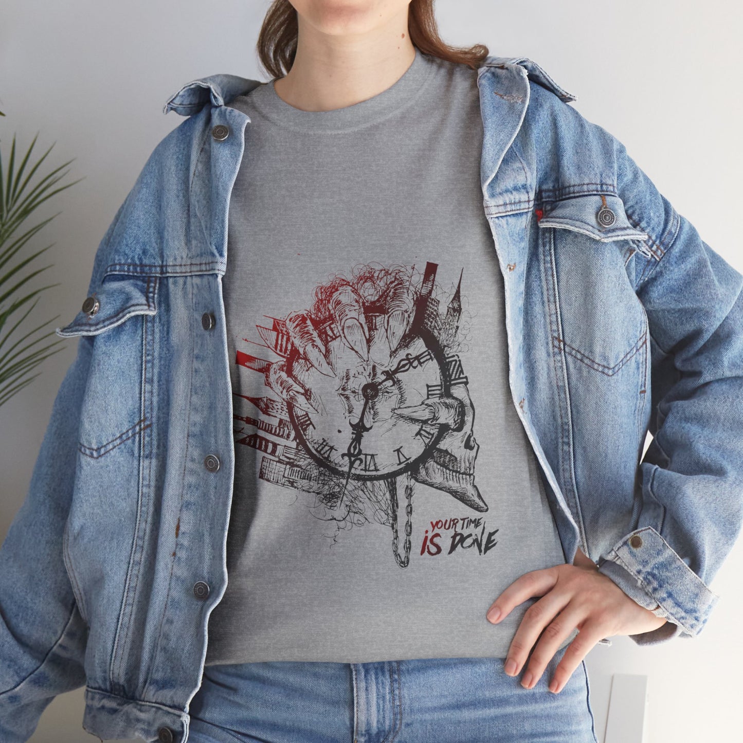 YOUR TIME IS DONE Skull Graphic Tee - Claw Hand Clock Print