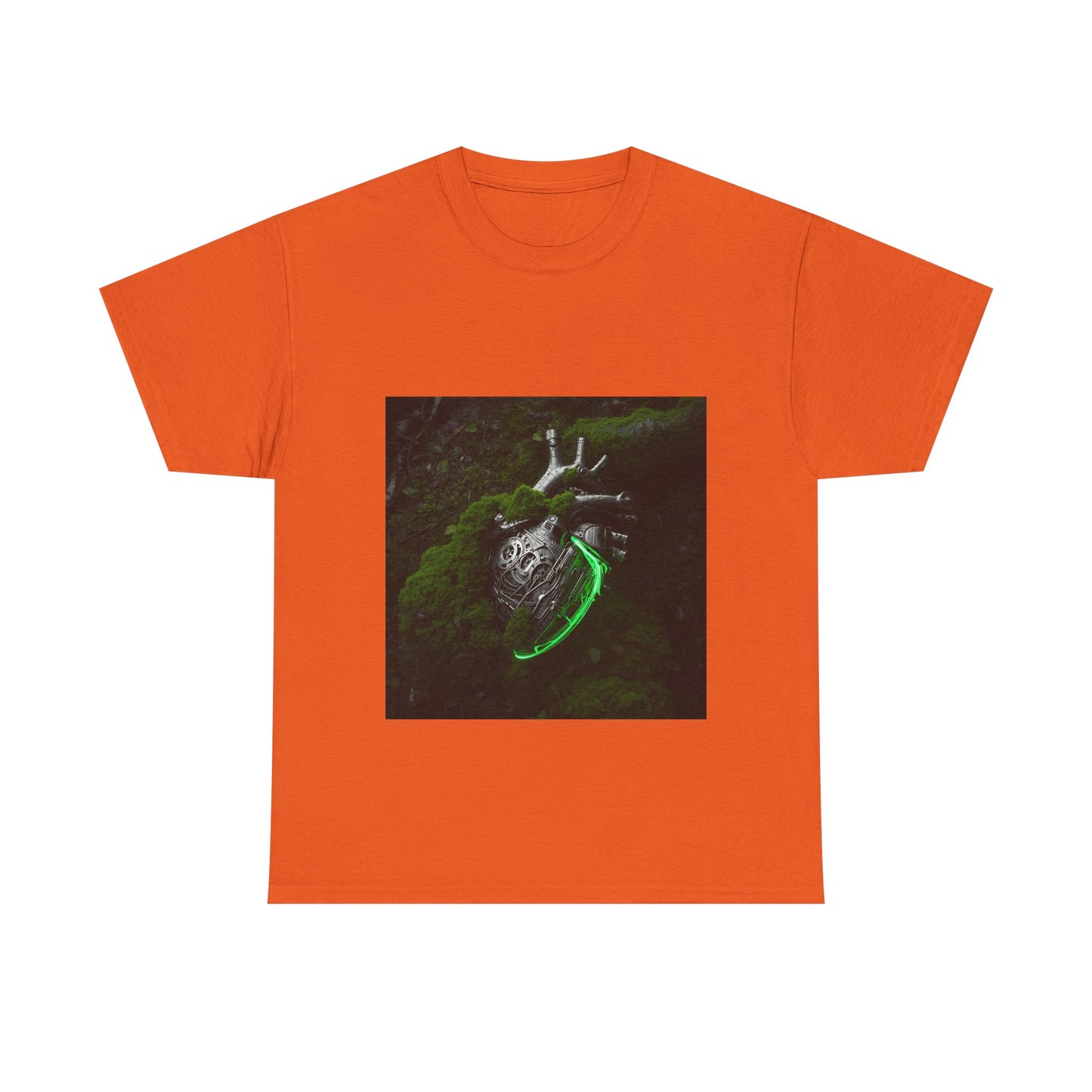 Unisex Glowing Bionic Heart in Moss T-Shirt | Sci-Fi Forest Wear