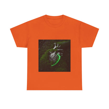 Unisex Glowing Bionic Heart in Moss T-Shirt | Sci-Fi Forest Wear