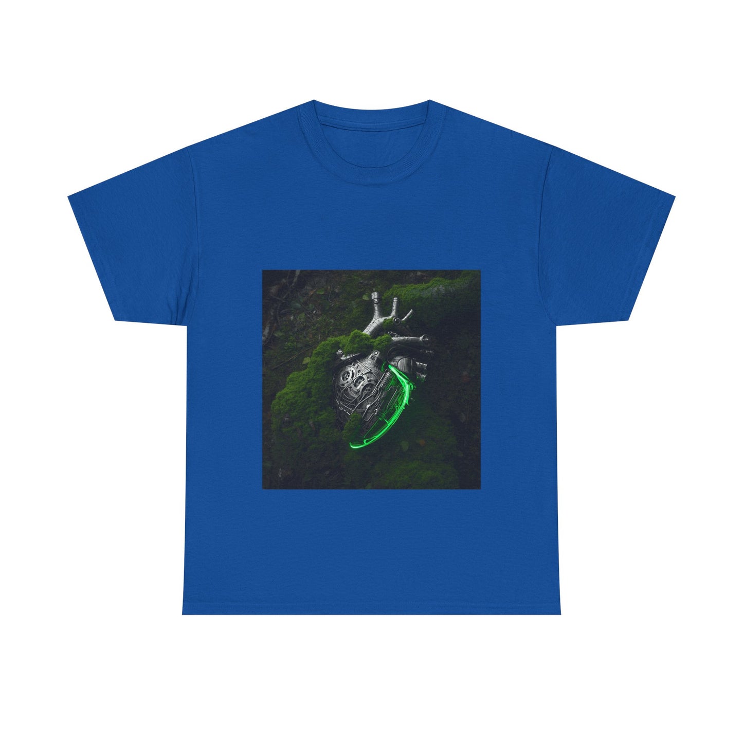 Unisex Glowing Bionic Heart in Moss T-Shirt | Sci-Fi Forest Wear