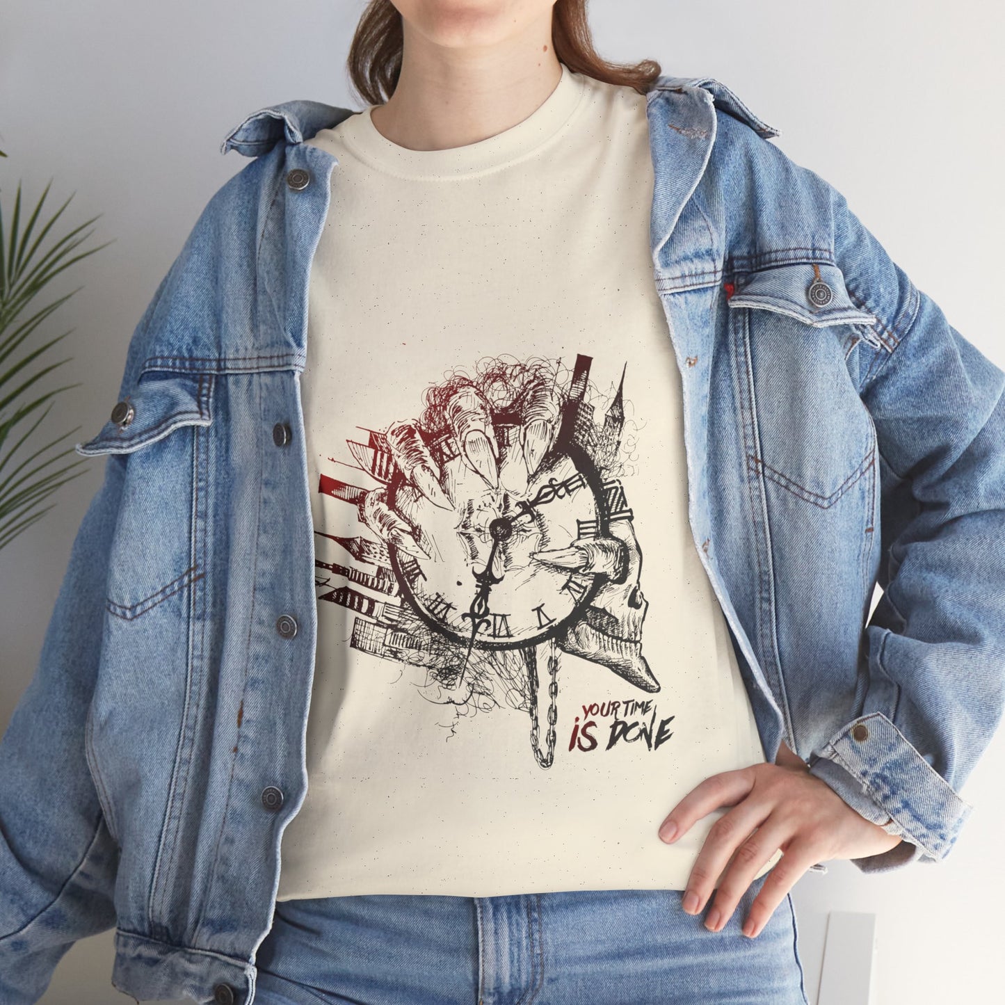 YOUR TIME IS DONE Skull Graphic Tee - Claw Hand Clock Print