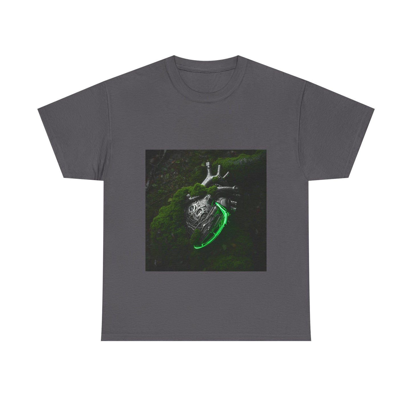 Unisex Glowing Bionic Heart in Moss T-Shirt | Sci-Fi Forest Wear