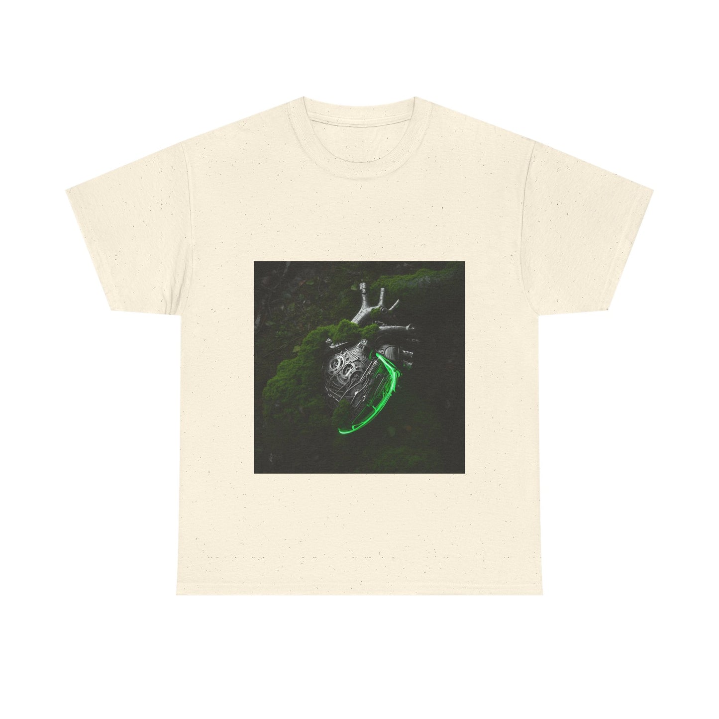 Unisex Glowing Bionic Heart in Moss T-Shirt | Sci-Fi Forest Wear