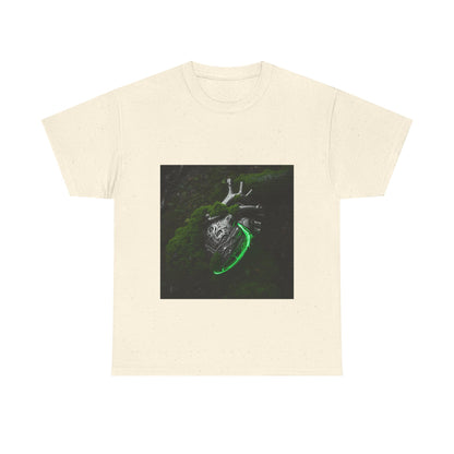Unisex Glowing Bionic Heart in Moss T-Shirt | Sci-Fi Forest Wear