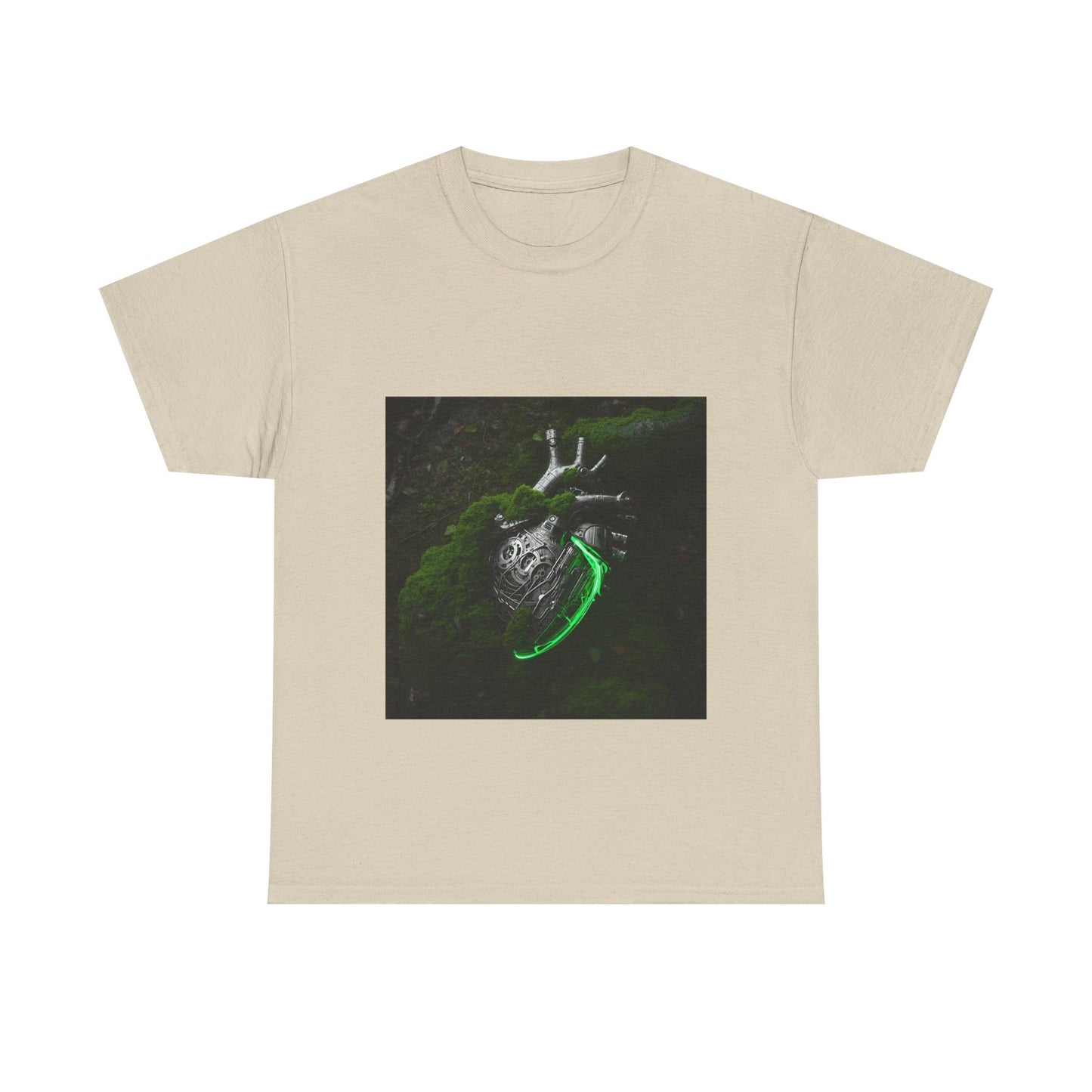 Unisex Glowing Bionic Heart in Moss T-Shirt | Sci-Fi Forest Wear