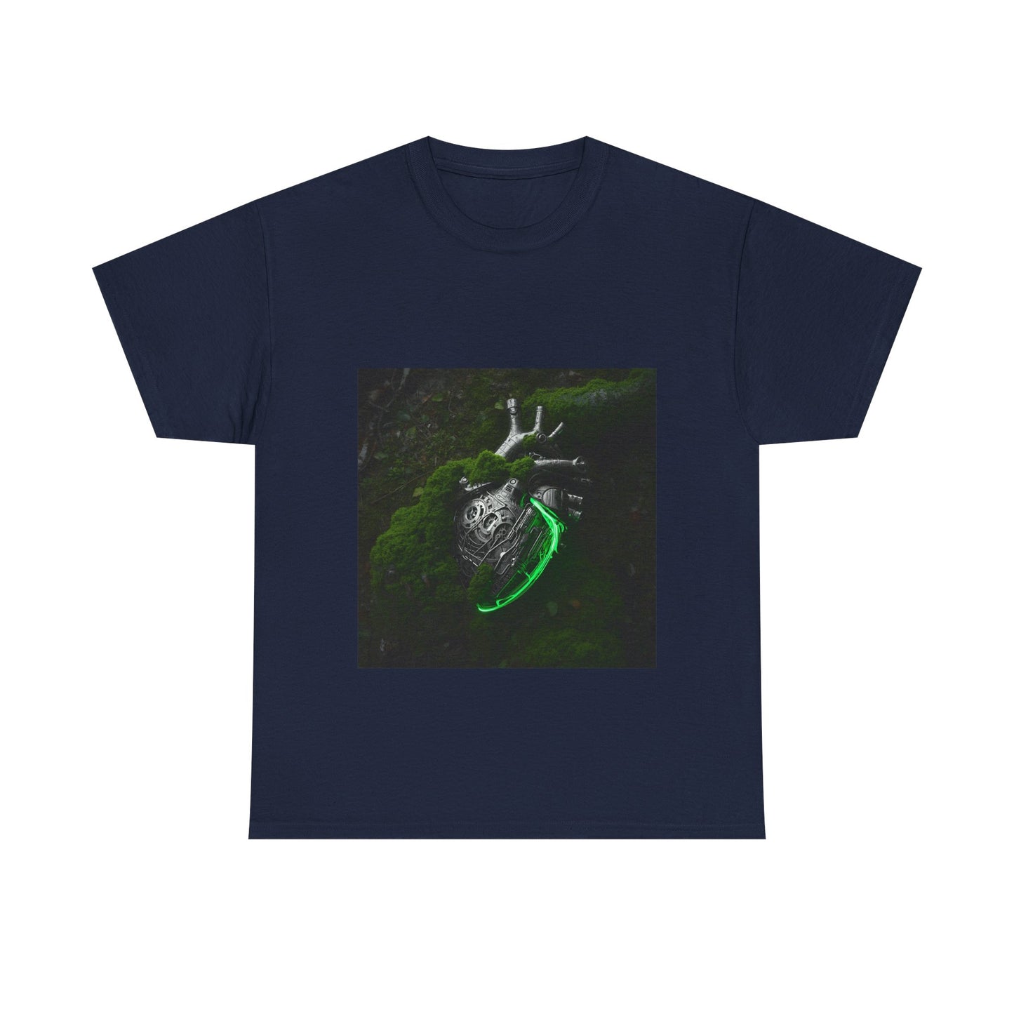 Unisex Glowing Bionic Heart in Moss T-Shirt | Sci-Fi Forest Wear
