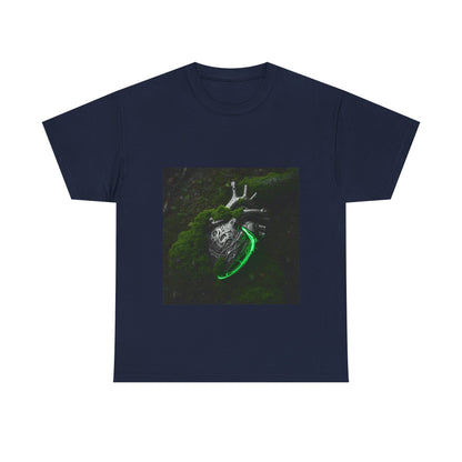 Unisex Glowing Bionic Heart in Moss T-Shirt | Sci-Fi Forest Wear