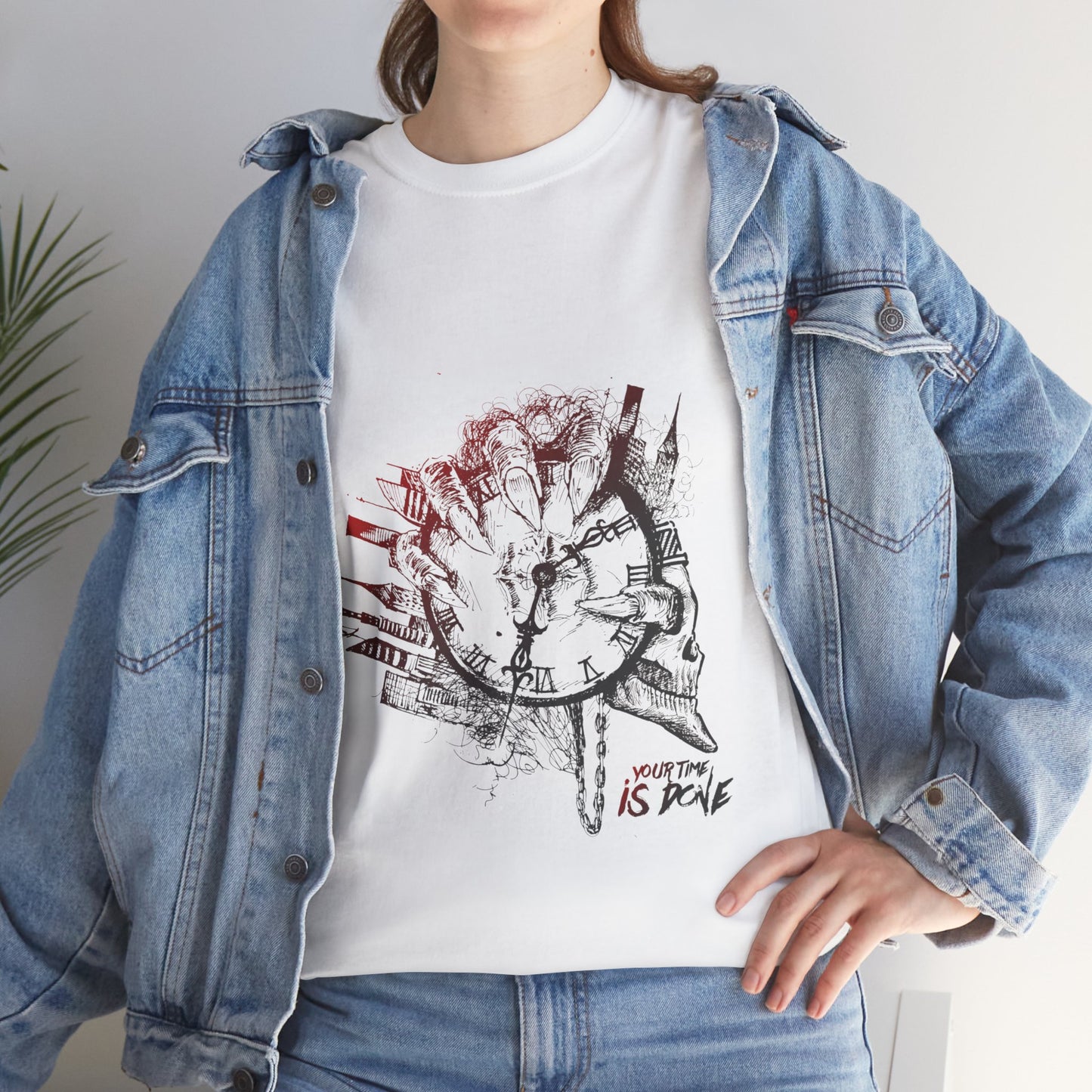 YOUR TIME IS DONE Skull Graphic Tee - Claw Hand Clock Print