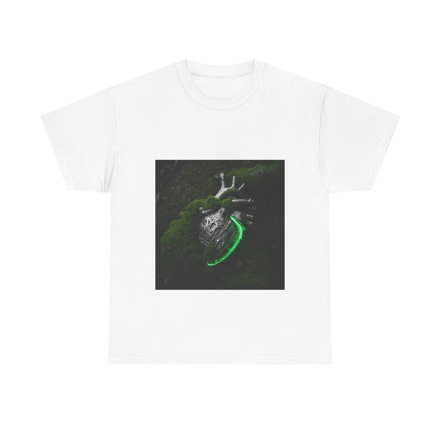 Unisex Glowing Bionic Heart in Moss T-Shirt | Sci-Fi Forest Wear