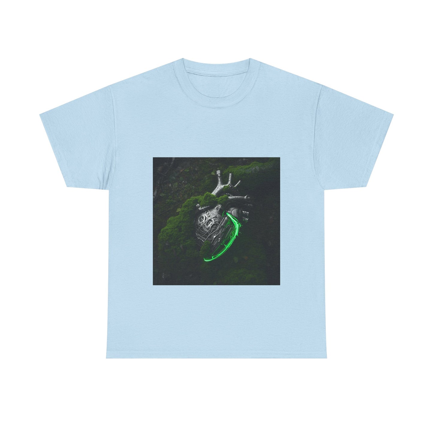 Unisex Glowing Bionic Heart in Moss T-Shirt | Sci-Fi Forest Wear