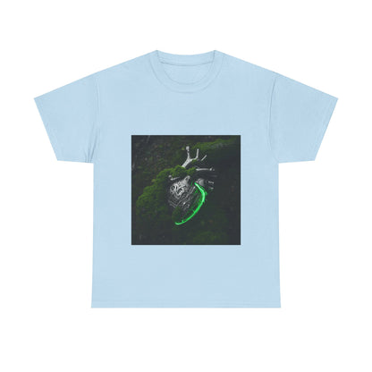 Unisex Glowing Bionic Heart in Moss T-Shirt | Sci-Fi Forest Wear