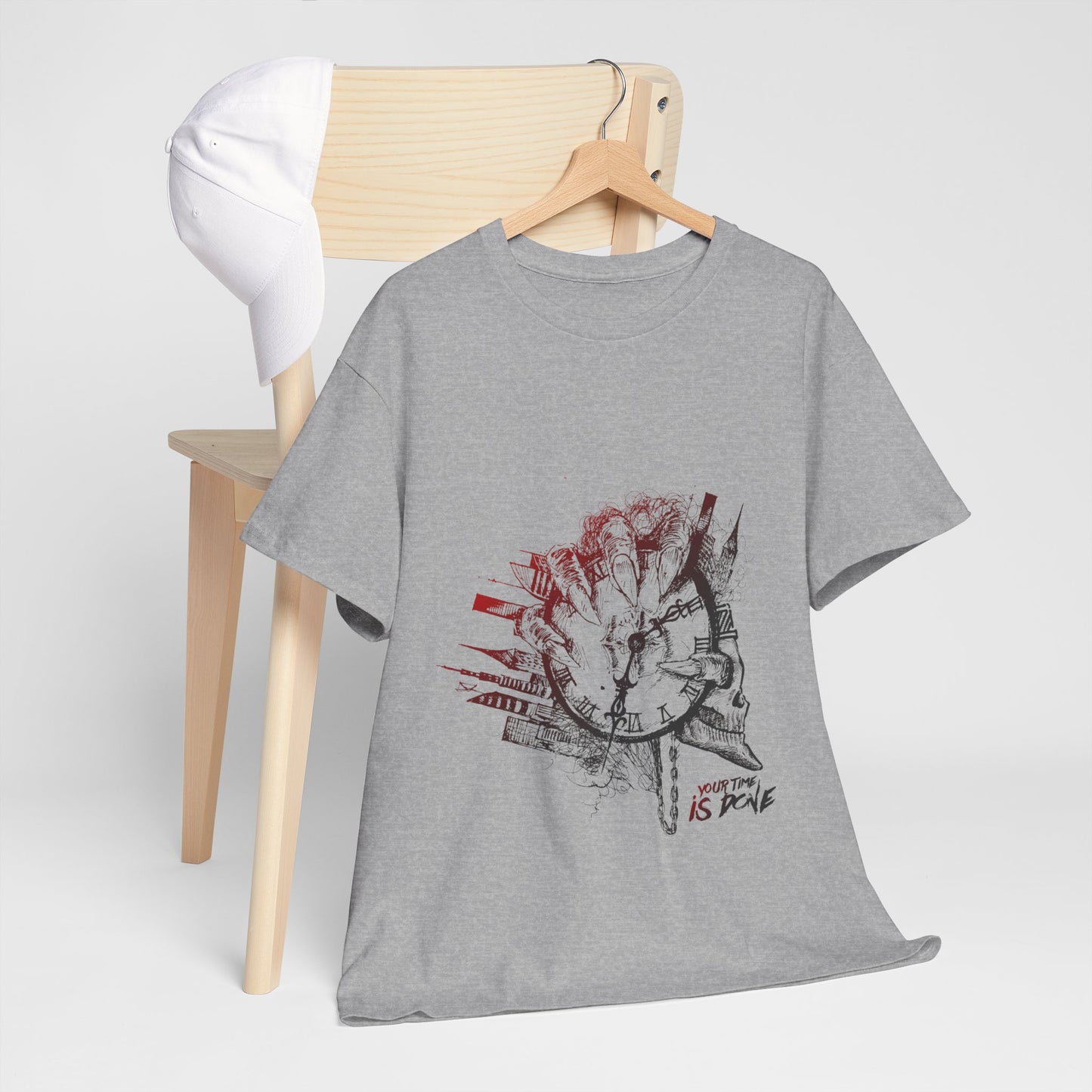 YOUR TIME IS DONE Skull Graphic Tee - Claw Hand Clock Print
