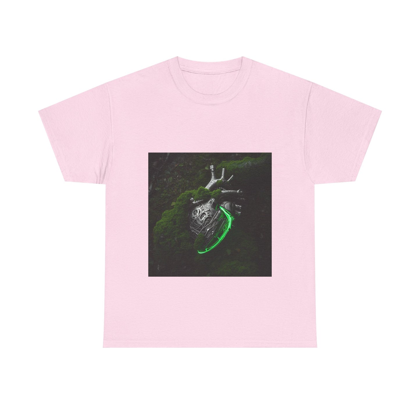 Unisex Glowing Bionic Heart in Moss T-Shirt | Sci-Fi Forest Wear