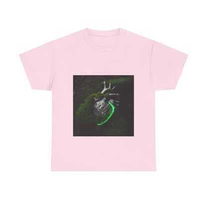 Unisex Glowing Bionic Heart in Moss T-Shirt | Sci-Fi Forest Wear