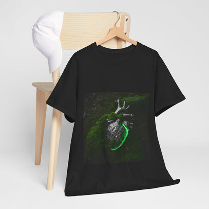 Unisex Glowing Bionic Heart in Moss T-Shirt | Sci-Fi Forest Wear